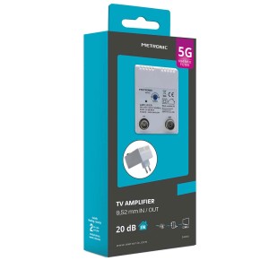 Confezione di un amplificatore TV Metronic con filtro 5G per accessori video.