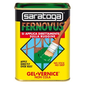 Barattolo di smalto antiruggine (t.b.t.) Saratoga, confezione gialla con pennello e motivo ruggine.