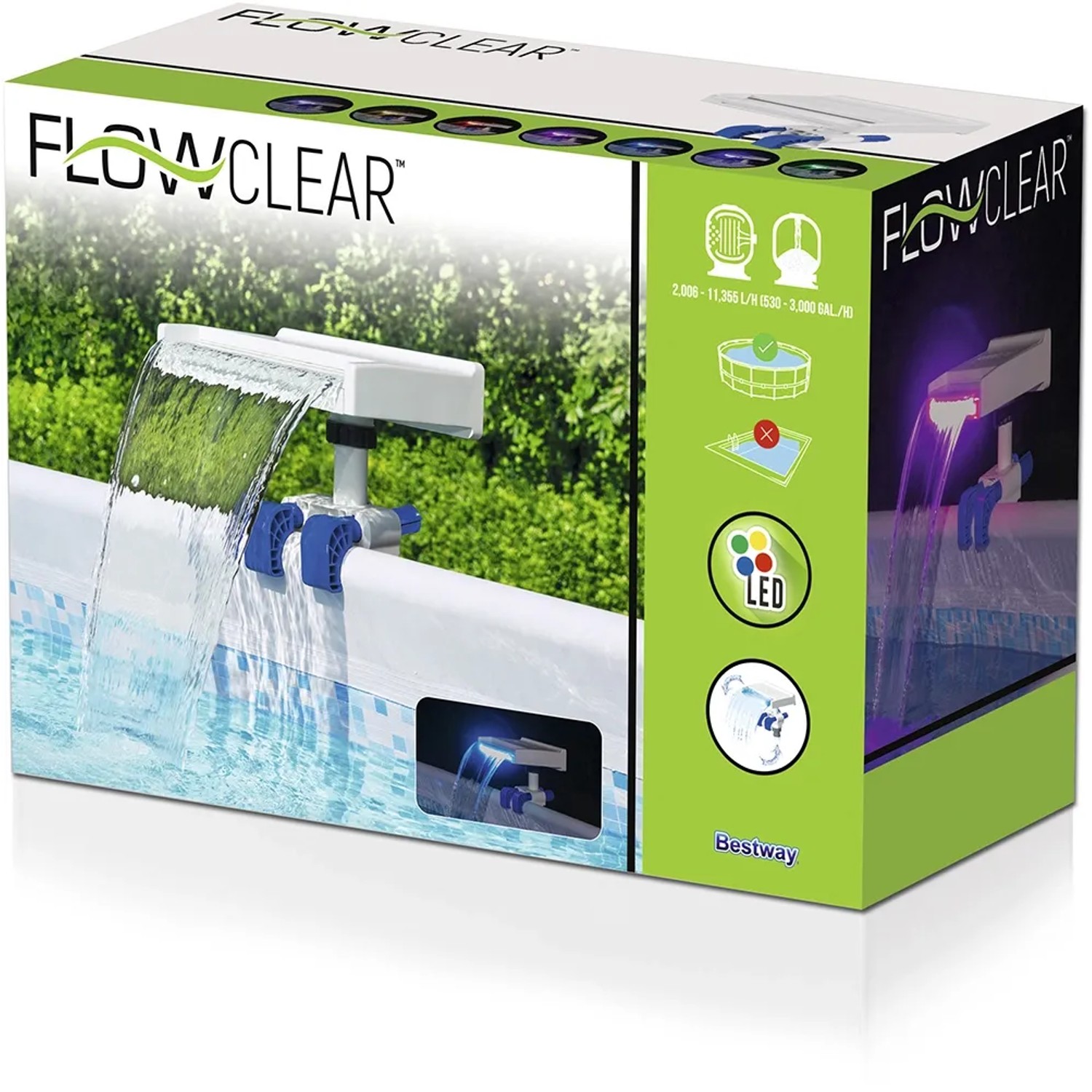 Confezione della cascata per piscina Flowclear™ con luce LED di Bestway.