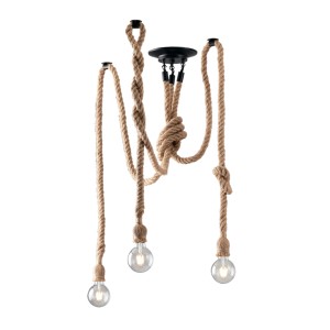 Plafoniere con tre pendenti in corda e lampadine.