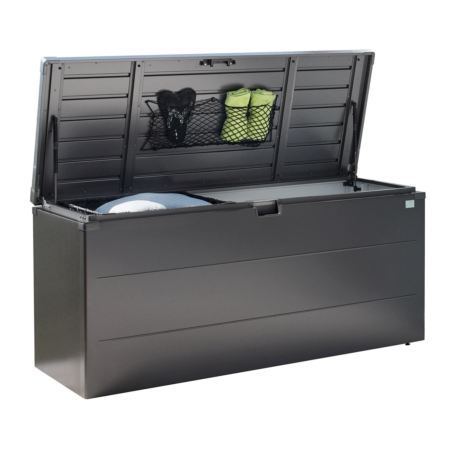 Biohort Stylebox 140 aperta in grigio scuro metallizzato, box universale per giardino, terrazza o balcone.