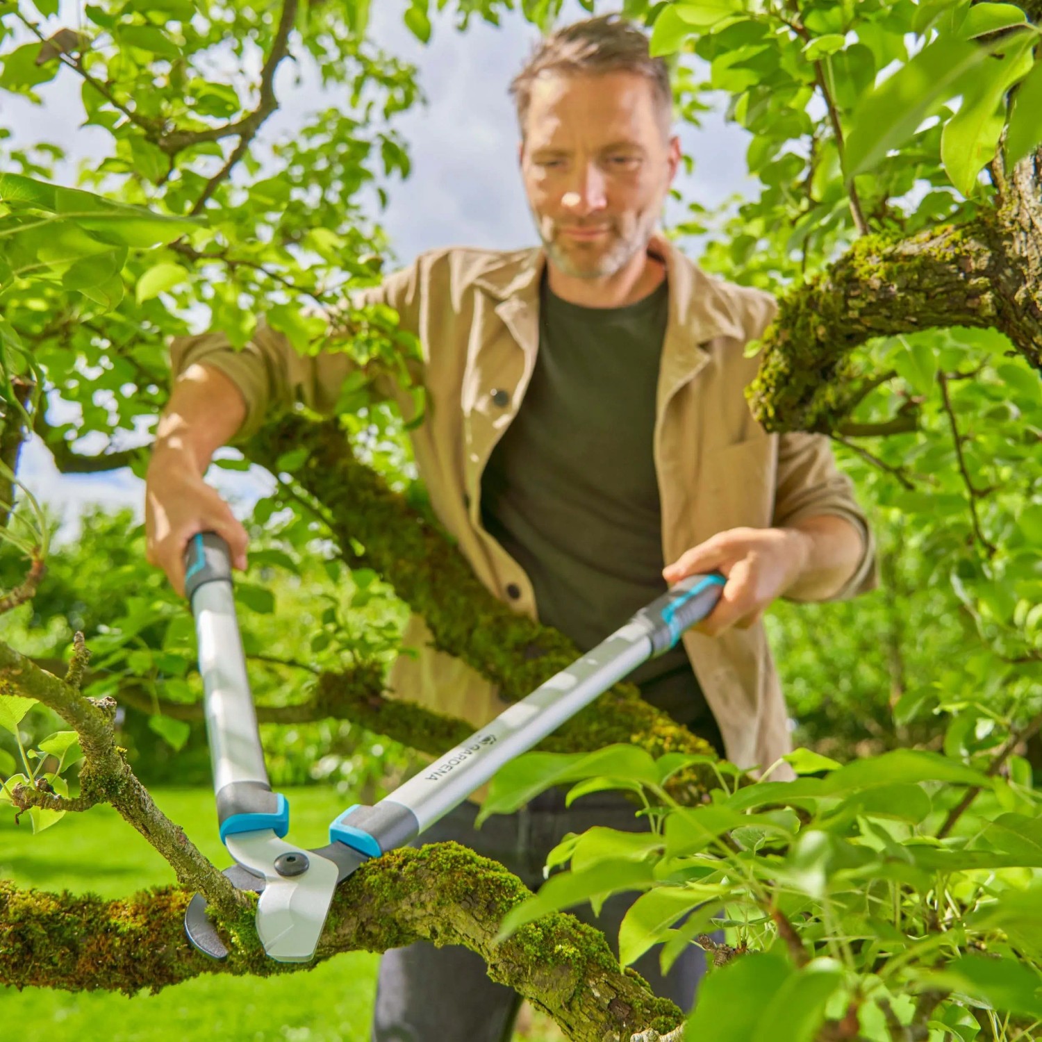 Uomo taglia ramo con cesoie Gardena EasyCut L. Principio di taglio bypass per tagli precisi.