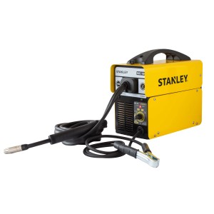 Saldatrice Stanley MIG 100 gialla con cavo e accessori.