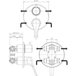 Disegno tecnico: Miscelatore doccia t.b.t. con dimensioni.