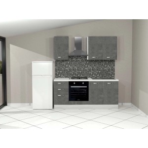 Cucina completa grigia con dettagli bianchi, inclusi frigorifero e cappa aspirante.