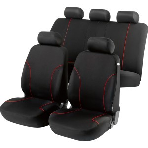 Set completo coprisedili OBI Curve, nero-rosso, per interni auto: sedili anteriori, sedile posteriore, poggiatesta.