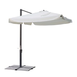 Ombrellone a braccio t.b.t. con struttura grigia e telo chiaro.