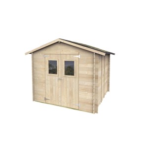 Casetta in legno Argenta 248x248 cm con doppia porta e due finestre, ideale come ripostiglio da giardino.