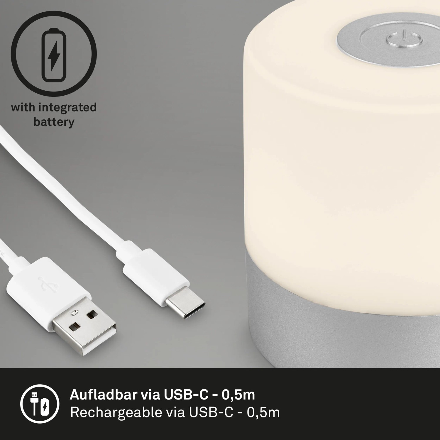 Lampada da tavolo a batteria Brilo Smal, cromo opaco, con cavo USB. Luce decorativa mobile per interni ed esterni.
