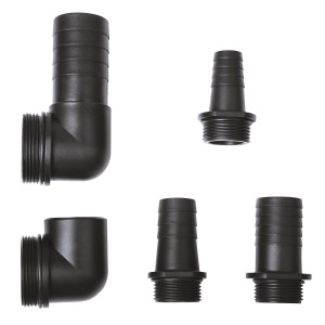 Set di raccordi universali neri per pompe sommergibili, varie dimensioni e forme.