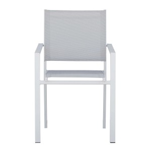 Sedia da giardino t.b.t. con braccioli, struttura bianca e rivestimento in tessuto grigio.