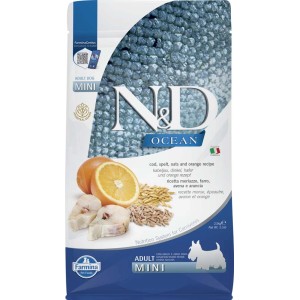 N&D Ocean Cibo secco per cani Mini con merluzzo, farro, avena e arancia.