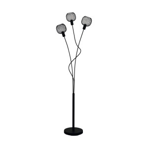 Lampada da terra di design nera con tre paralumi a rete metallica.