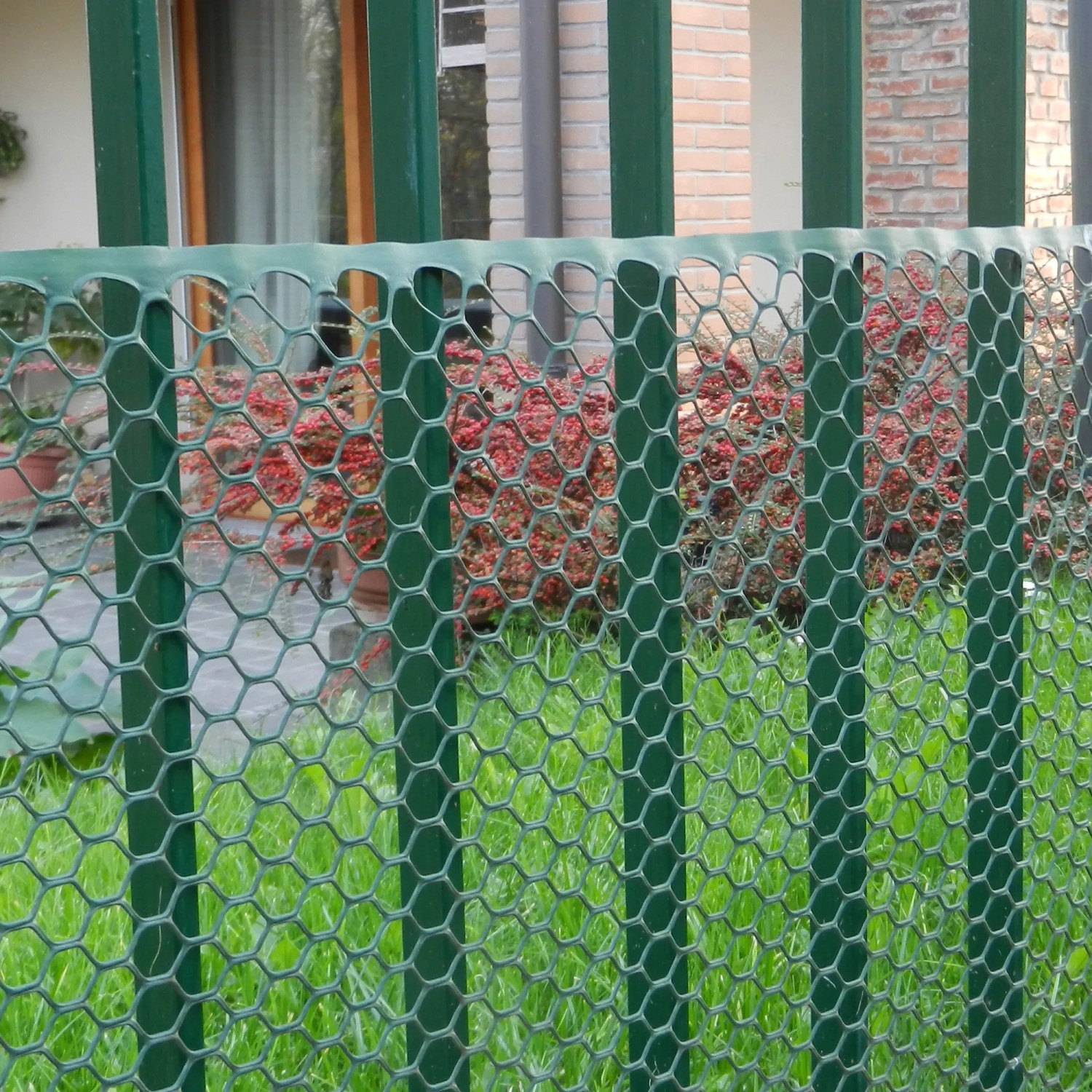 Rete metallica verde t.b.t. come schermatura per recinzioni in giardino.