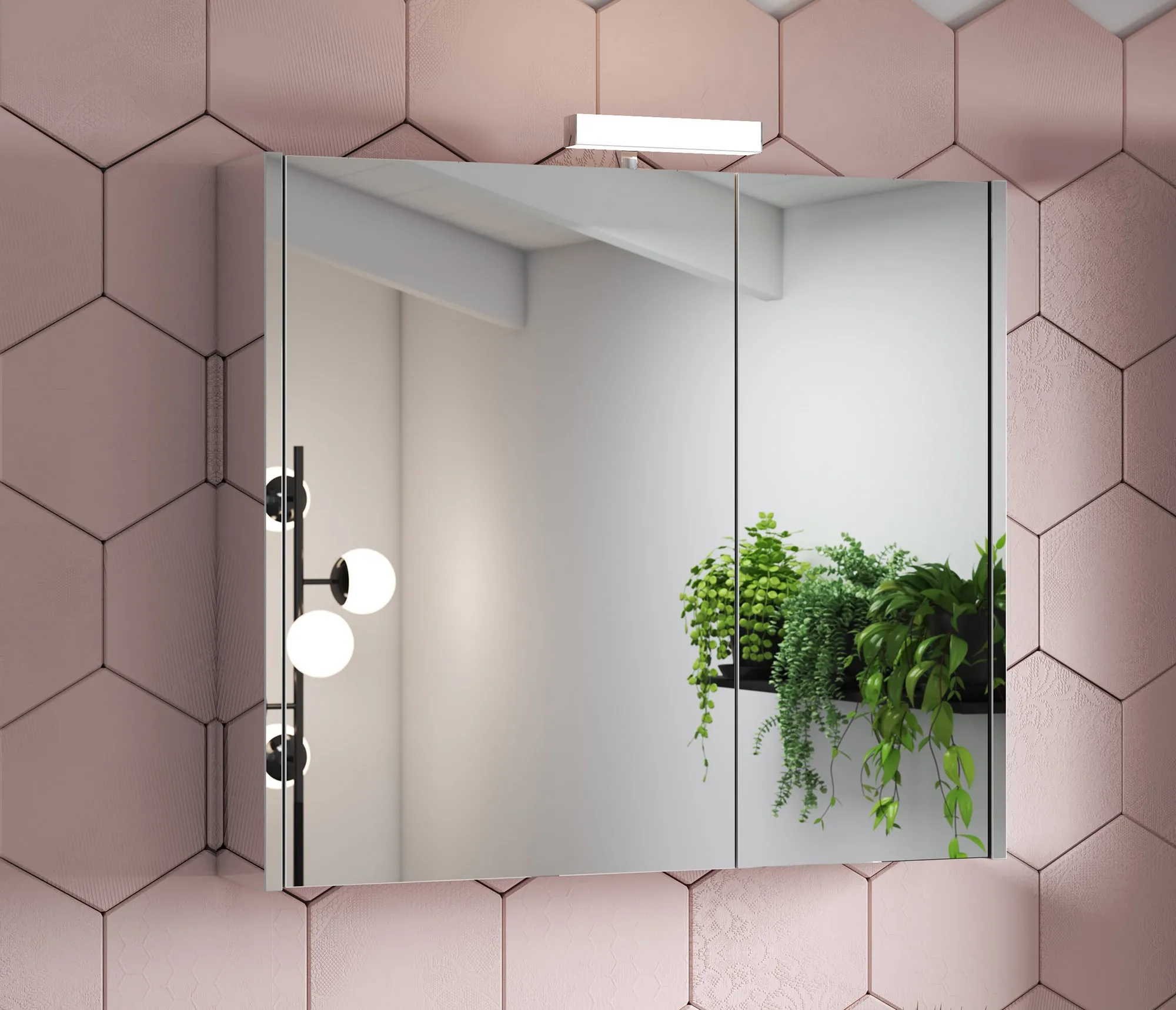 Specchio Contenitore Per Bagno Aquis - Bianco/Rovere, Dimensioni 79x64x32 Cm, Con Ripiani Regolabili