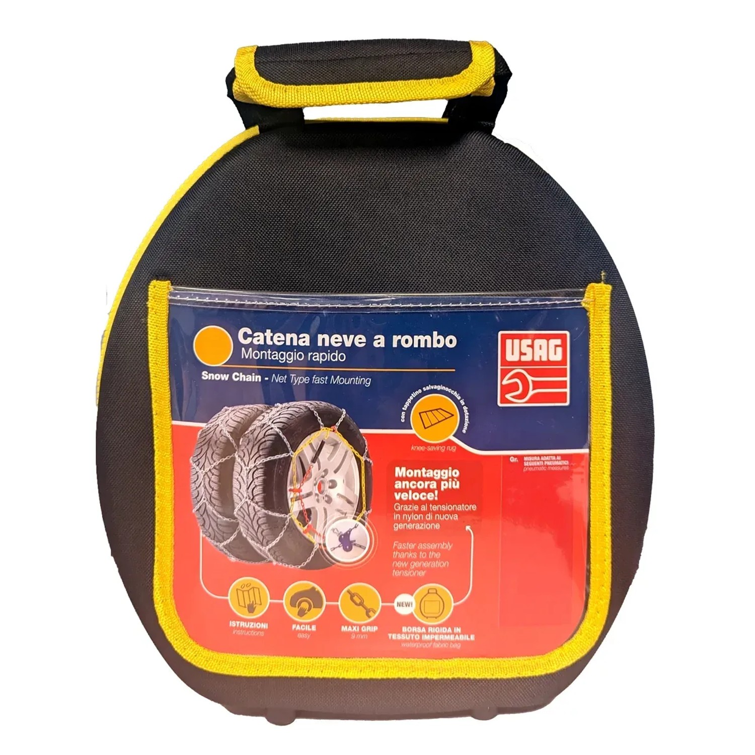Catene da neve USAG in valigetta, giallo/nero. Per auto, montaggio rapido.