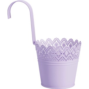 Vaso da appendere lilla in metallo, 19x11x21 cm, con gancio per ringhiera balcone.