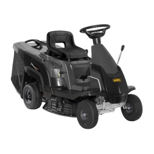 Trattorino tagliaerba Alpina AT2 66 QA, tosaerba compatto nero con cesto di raccolta.