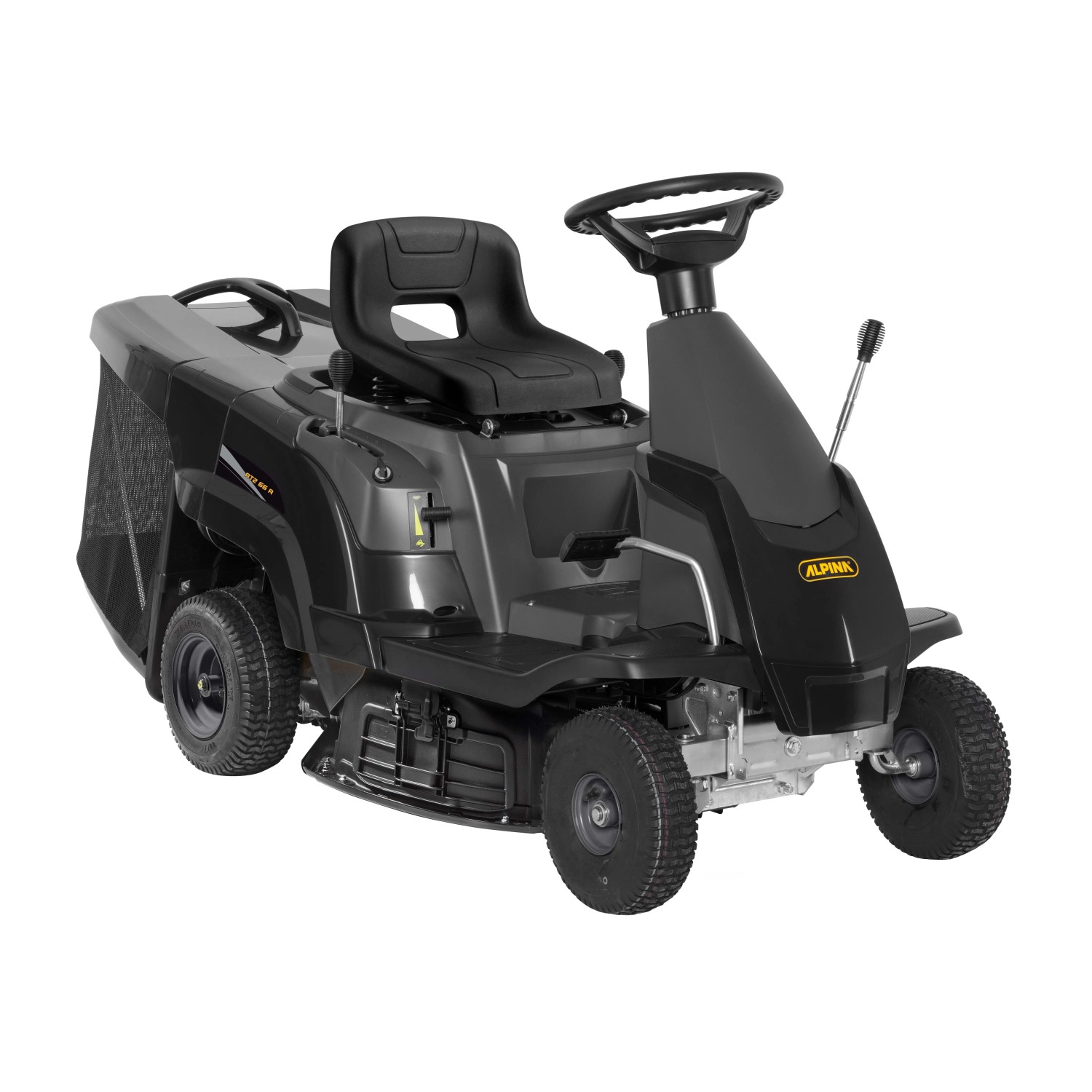 Trattorino tagliaerba Alpina AT2 66 QA, tosaerba compatto nero con cesto di raccolta.