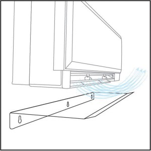 Illustrazione di un condizionatore t.b.t. con flusso d'aria e staffa di montaggio.