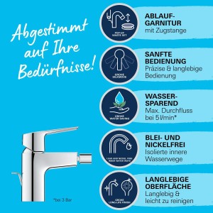 Miscelatore per bidet Grohe QuickFix Start, cromato, con funzione di risparmio energetico e informazioni sulle caratteristiche del prodotto.