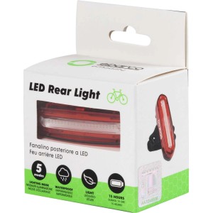 Luce posteriore per bici t.b.t. nella confezione con informazioni sul prodotto.