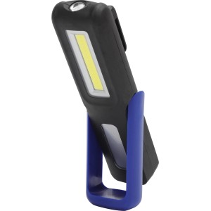 Lampada da lavoro a LED nera con supporto blu. Torcia per officina e cantiere.