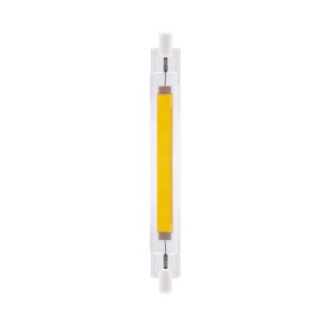 Lampadina LED R7S t.b.t., a forma di bastoncino con luce gialla.