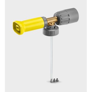 Accessorio per idropulitrice: Lancia schiuma con attacco giallo e tubo trasparente.