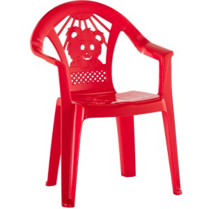 Sedia rossa per bambini con braccioli e motivo orso per attrezzature da gioco nella stanza dei bambini.