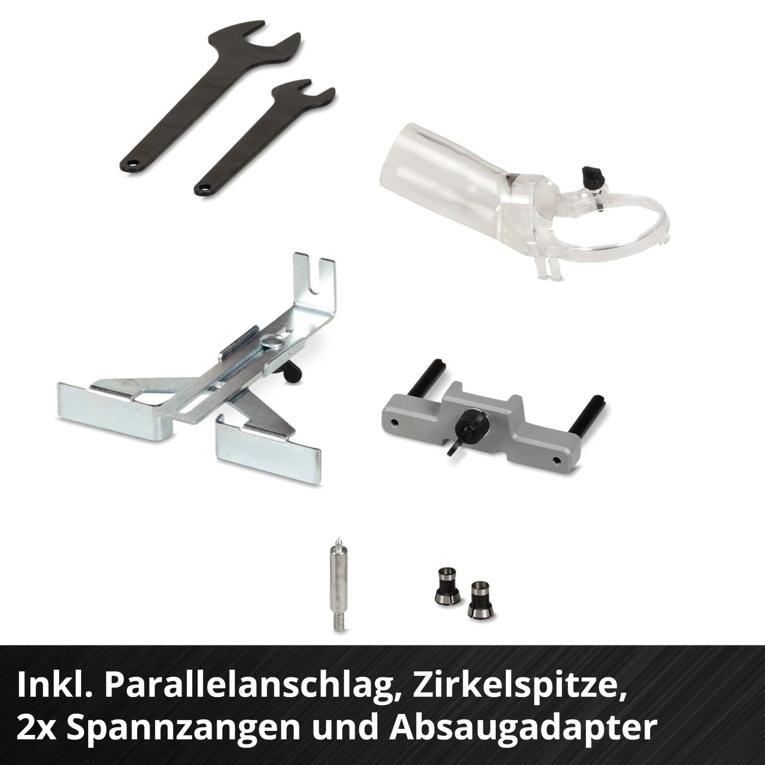 Accessori per fresatrice a batteria Einhell: guida parallela, punta a compasso, pinze, adattatore di aspirazione, utensili.
