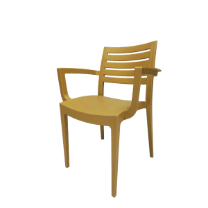 Sedia da giardino gialla con braccioli, ideale per terrazza e giardino.