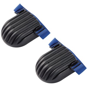 Paio di ginocchiere livello 0, forma a guscio nero con cinturino blu regolabile.