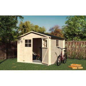 Casetta da giardino Decor et Jardin Mirama, legno naturale, con porta aperta, tosaerba e bicicletta in giardino.