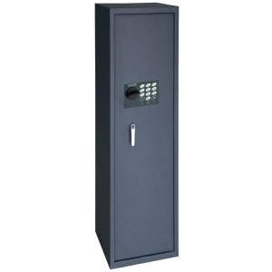 Cassaforte per fucili grigia con serratura a combinazione per una conservazione sicura.
