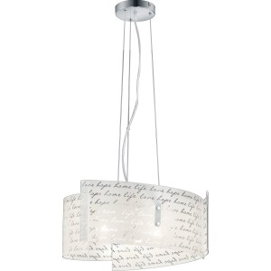 Moderna lampada a sospensione t.b.t. con motivo testuale per spazi abitativi.