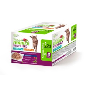 Natural Trainer Sterilised cibo umido per gatti, multipack con pesce e tacchino, 24 x 85g.