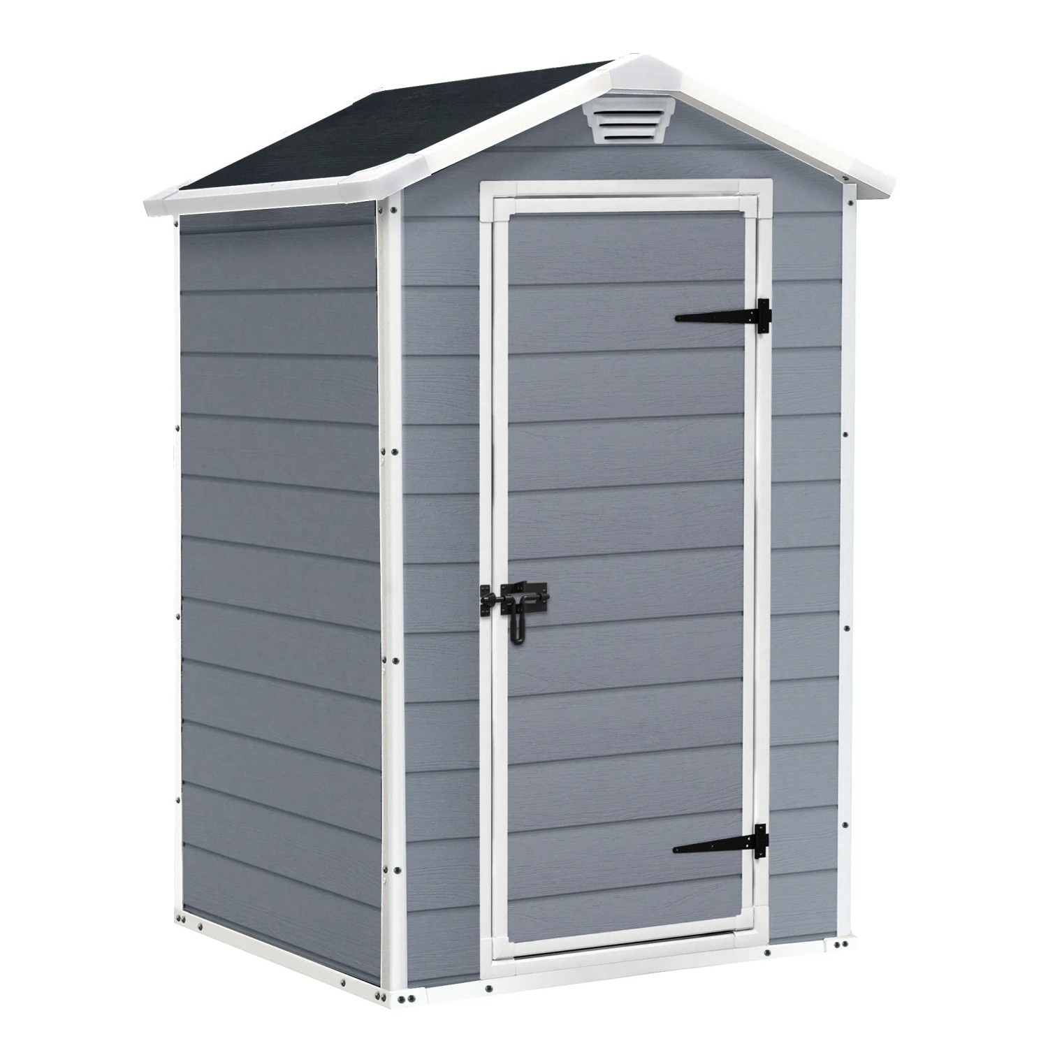 Casetta da giardino Keter Manor 4x3 grigio-bianca: casetta in plastica con porta e ventilazione.