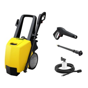 Idropulitrice gialla con accessori come pistola, lancia e flacone detergente.