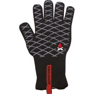 Guanto da barbecue Jamestown nero con motivo a rombi e logo, resistente al calore fino a 250°C.