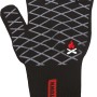 Guanto da barbecue Jamestown nero con motivo a rombi e logo, resistente al calore fino a 250°C.