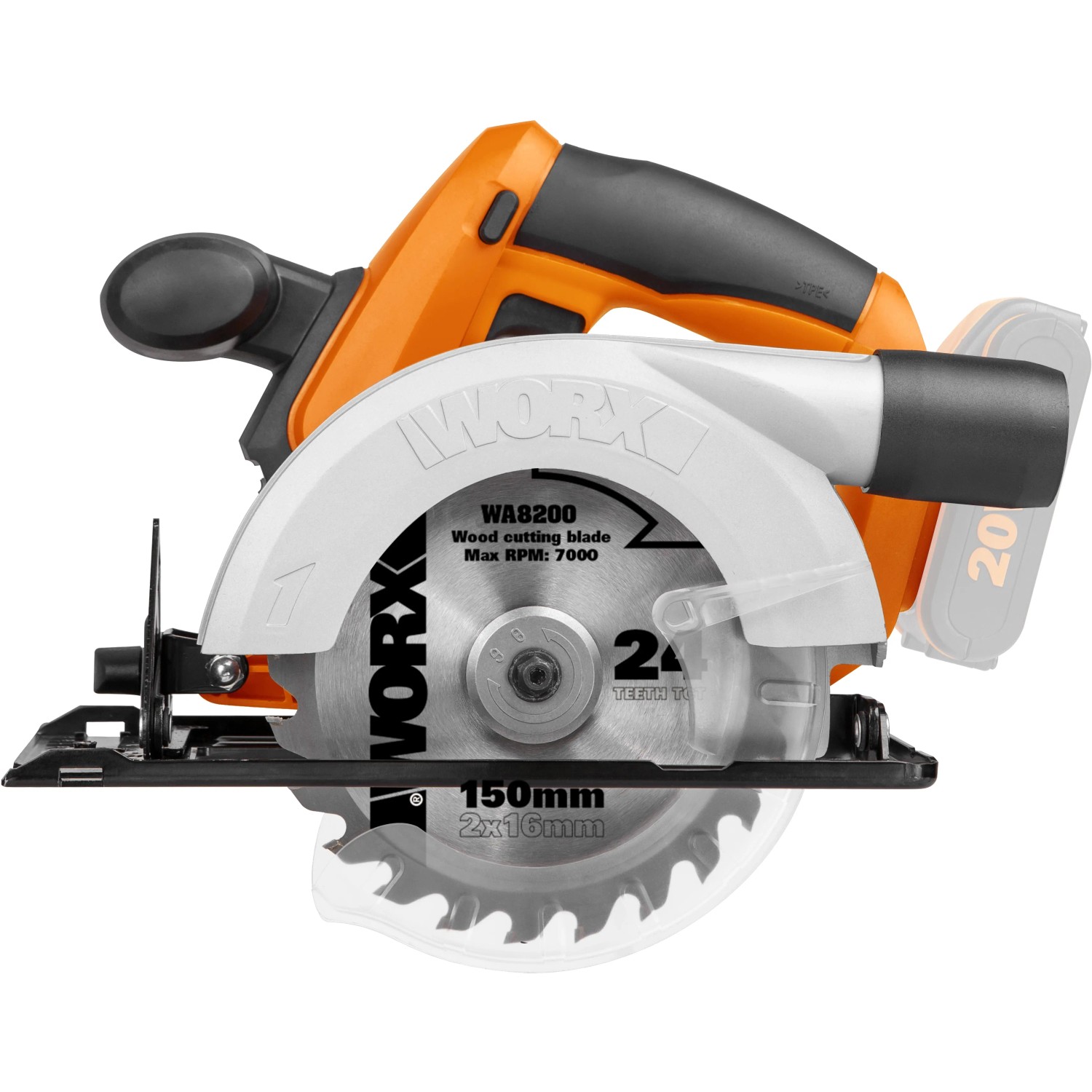 Sega circolare a batteria compatta Worx WX529.9 20V, arancio e nero, con lama.