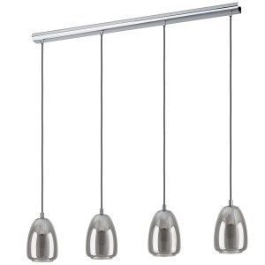 Lampada a sospensione t.b.t. con quattro paralumi grigi. Lampada a sospensione moderna per soggiorno e sala da pranzo.