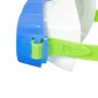 Dettaglio di una maschera da immersione con montatura blu e cinturino verde.