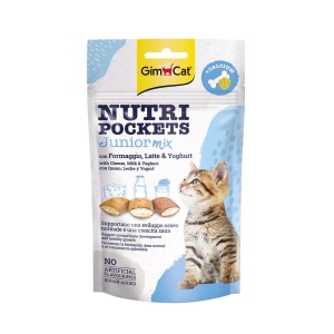 GimCat Nutri Pockets Junior Mix snack per gatti con formaggio, latte e yogurt.