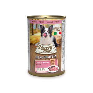 Stuzzy cibo umido per cani monoproteico in lattina con maiale. Alimento completo per cani.