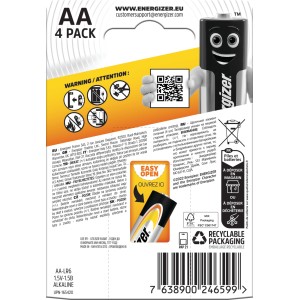 Energizer Alkaline Power AA batterie, confezione da 4 per dispositivi di uso quotidiano.