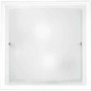 Plafoniera t.b.t. quadrata bianca con vetro satinato e dettagli argentati.