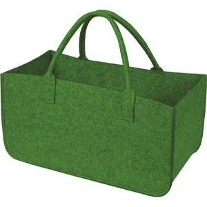 Borsa in feltro verde con manici per legna da ardere e accessori.