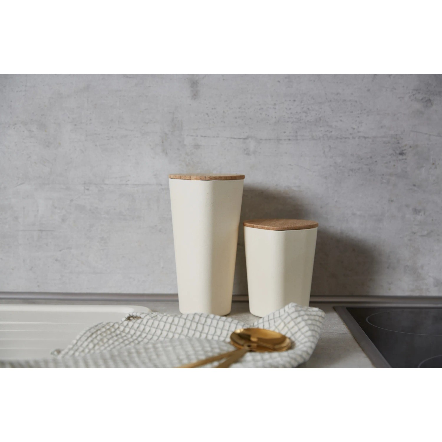 Contenitori Wenko Derry, 750ml, fibra di bambù, crema, con coperchio in legno, utensili da cucina